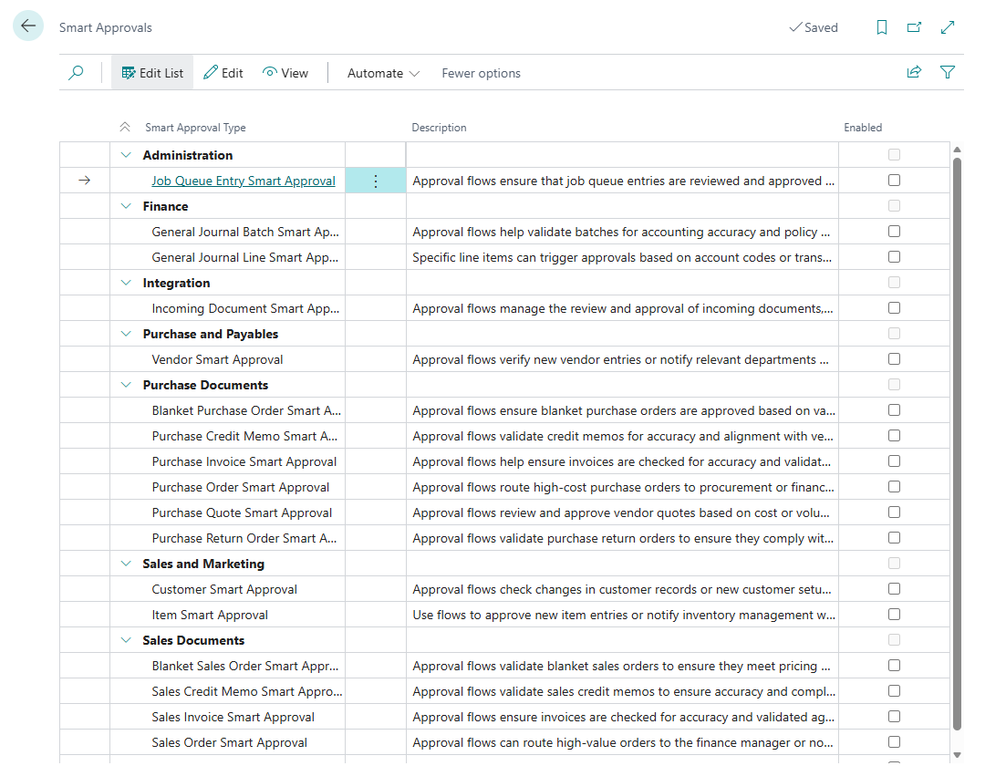 Smart Approval Setup page with document types and enable toggles